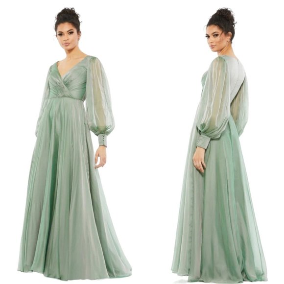 NEW Mac Duggal  Sheer Blouson Sleeve Sage Green Surplice Gown 67873 Dress - Picture 1 of 8